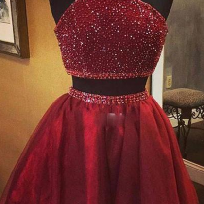 Burgundy Two Pieces Sequin Short Prom Dress,..