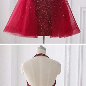 Red Halter Sleeveless Backless Homecoming..