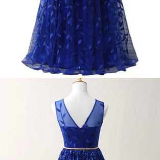 Royal Blue Lace Long Halter Prom Dress With Gold..