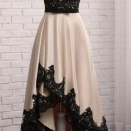 High Low Beige Satin Prom Dress Black Lace..