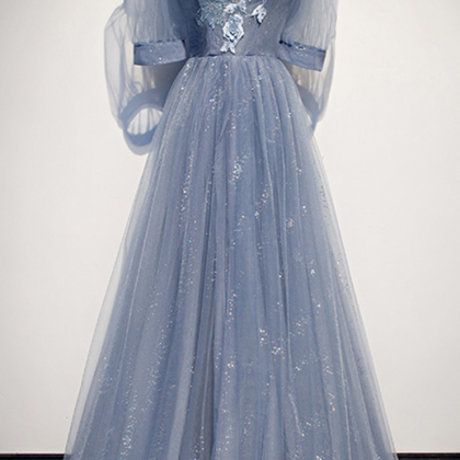 Blue Tulle Off Shoulder Long Sequins Prom Dress..
