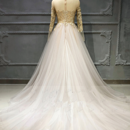Creamy Tulle O Neck Long Sleeve Formal Prom Dress,..