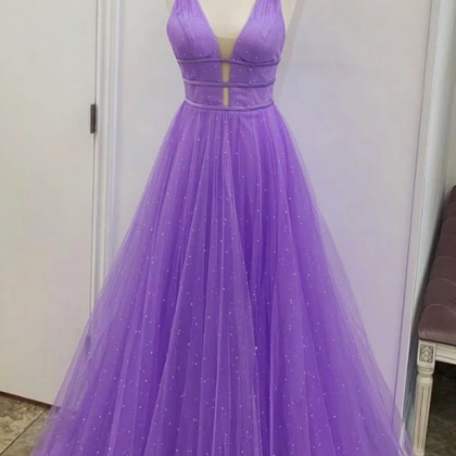Unique Light Purple V Neck Long A Line Prom Dress,..