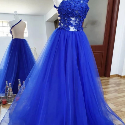 Royal Blue Tulle Lace One Shoulder Long Prom..