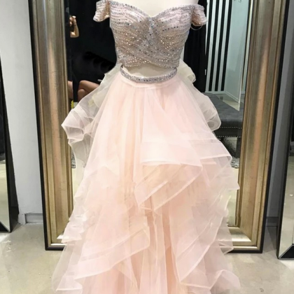Pink Tulle Two Pieces Sequins Off Shoulder Long..