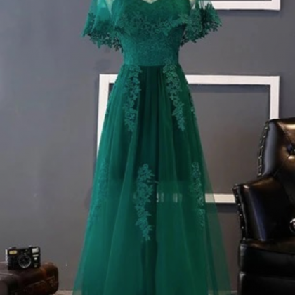 Green Lace Tulle Long A Line Prom Dress, Lace Up..