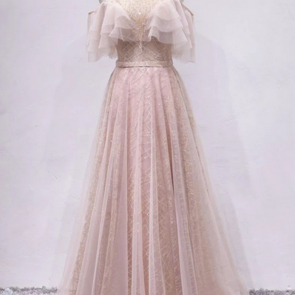 Stunning Pink Tulle Long Senior Prom Dress, Halter..
