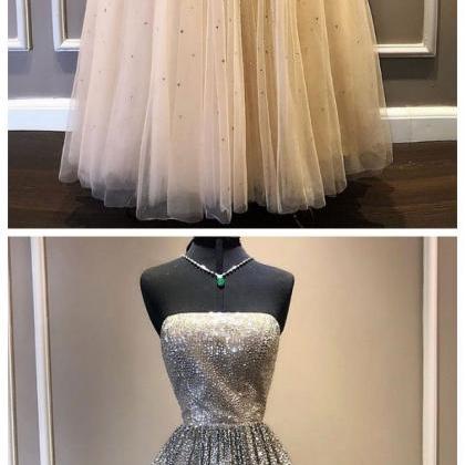 Champagne Tulle Sequin Long Prom Dress, Tulle..