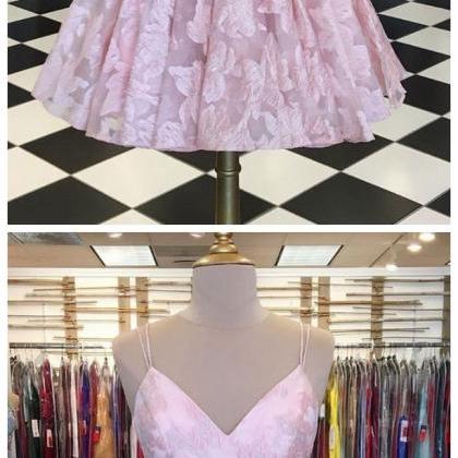 Pink V Neck Lace Short Prom Dress, Pink Lace..