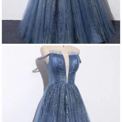 Blue Tulle Sequins Long Prom Dress, Evening Dress