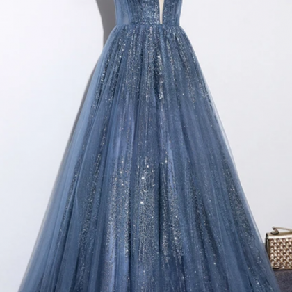 Blue Tulle Sequins Long Prom Dress, Evening Dress