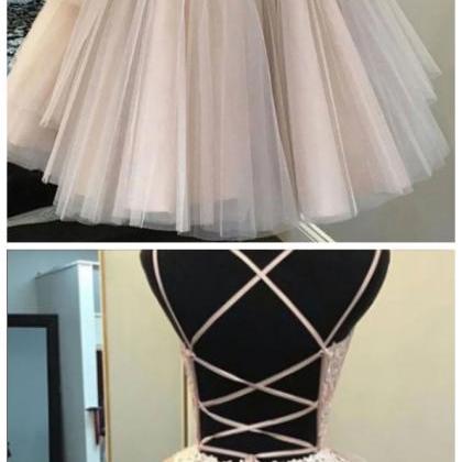 Champagne V Neck Tulle Lace Short Prom Dress Lace..
