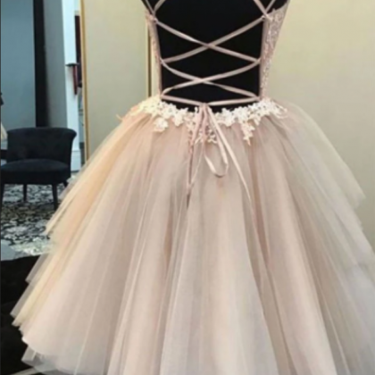 Champagne V Neck Tulle Lace Short Prom Dress Lace..