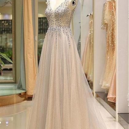 A-Line/Elegant V-neck Floor-Length Ruffles Tulle Prom Dresses