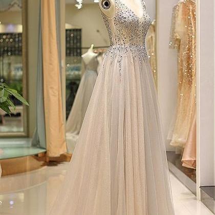 A Line V Neck Tulle Beadings Prom Dress With Flowers LBQ3746 main image 1