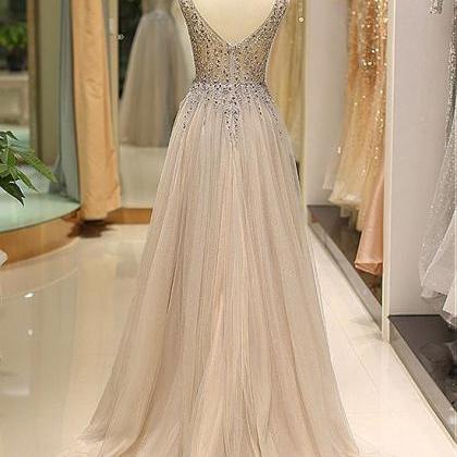Glamorous Tulle V-neck Neckline Floor-length A-line Prom Dress With ...