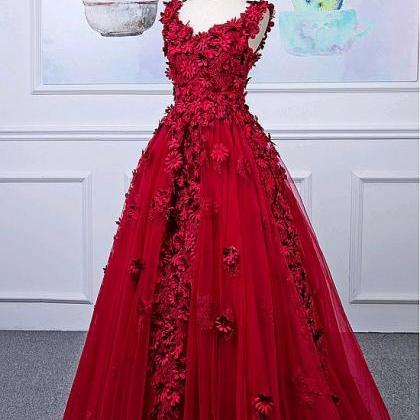 Beading Lace Tulle Long Red V Neck Appliques Prom Dress