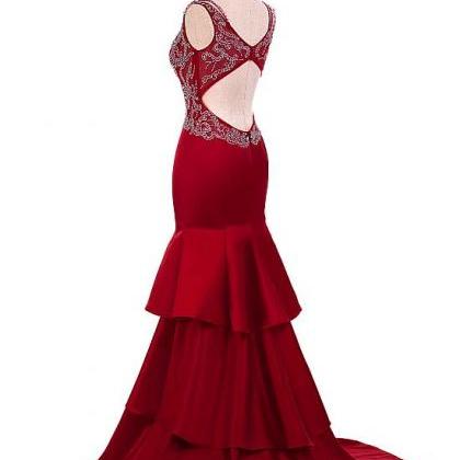 Charming Halter Beaded V Neck Lace Satin Mermaid Prom Dress Long Evening Dress SP610