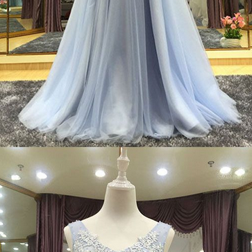 Elegant Gray Tulle Lace Long Prom Dress, Tulle..