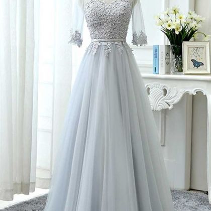 Gray Tulle Lace Long Prom Dress, Tulle Lace..
