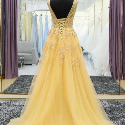 Yellow tulle lace applique long prom dress, yellow evening dress
