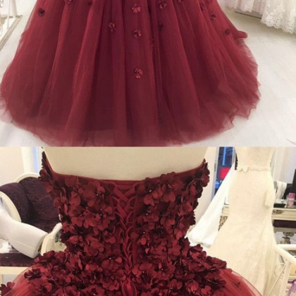 Strapless Burgundy Tulle Ball Gown Prom Dress,..