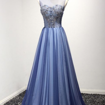 Unique Long Tulle Blue Formal Dress With Sparkly..