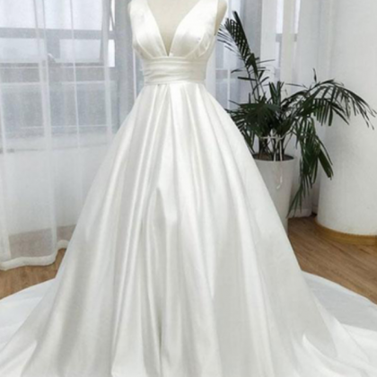 White Satin Long V Neck Prom Dress, White Evening..
