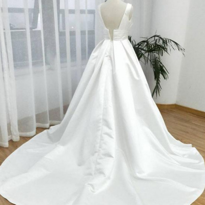 White Satin Long V Neck Prom Dress, White Evening..
