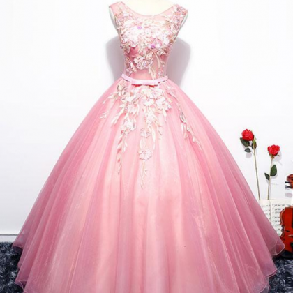 Pink Round Neck Evening Dress, Lace Tulle Long..