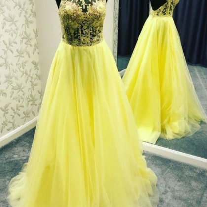 Backless Yellow Long Prom Evening Dress With..