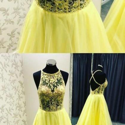 Backless Yellow Long Prom Evening Dress With..