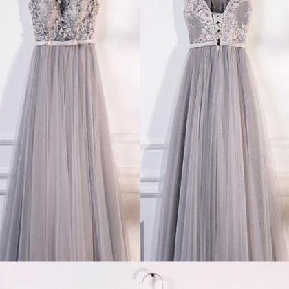 Gray Round Neck Lace Tulle Long Prom Dress, Gray..