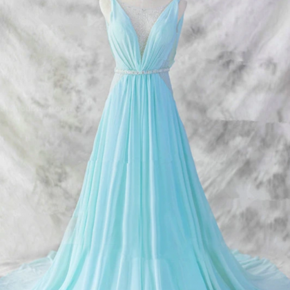 Chiffon Long Evening Dress, Blue Beaded Waist..