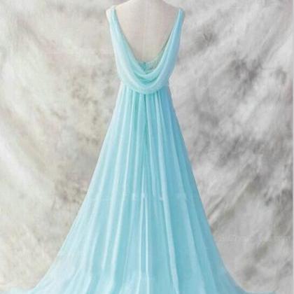 Chiffon Long Evening Dress, Blue Beaded Waist..