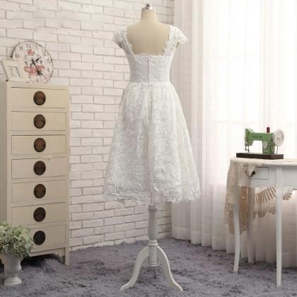 Beautiful Lace Cap Sleeves Tea Length Party Dress,..