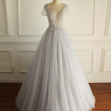 V Neck Tulle Lace Long Prom Dress, Evening Dress
