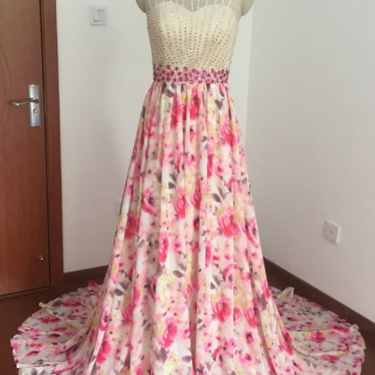 A-line Print Chiffon Long Prom Dresses With..