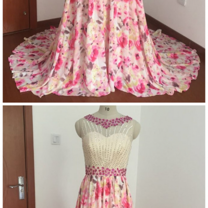 A-line Print Chiffon Long Prom Dresses With..