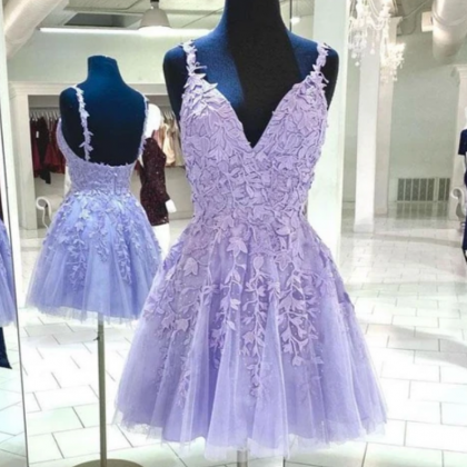 V Neck Tulle Lace Short Prom Dress Lace Cocktail..