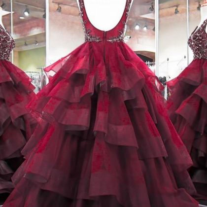 Burgundy Beaded Prom Dresses Ball Gown Pageant..