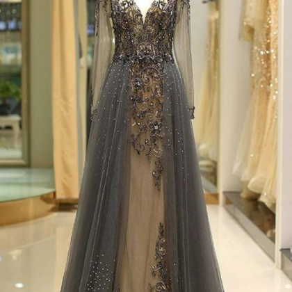 Prom Dresses Beaded Crystals A Line Deep V Neck..