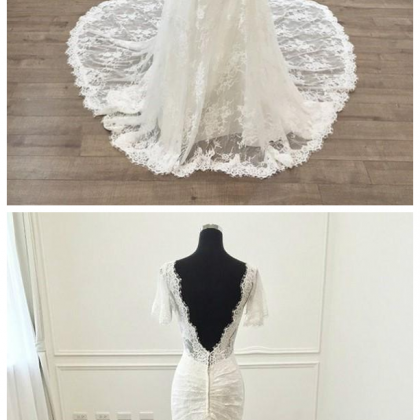 Short Sleeves Lace Wedding Dress Mermaid Style..