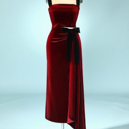 Burgundy Asymmetrical Long Velvet Dress