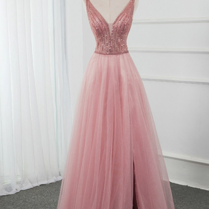 Tulle Deep V-neck Backless Beading Sequins Prom..