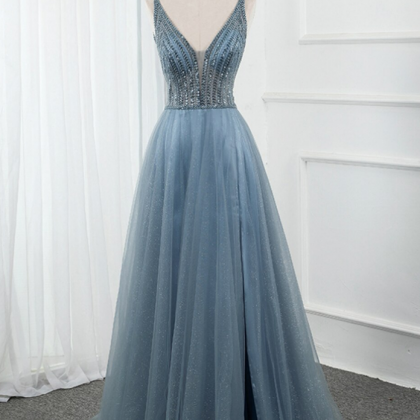 Tulle Deep V-neck Backless Beading Sequins Prom..