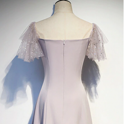 Satin Square Short Sleeve Tea Length Prom Dress