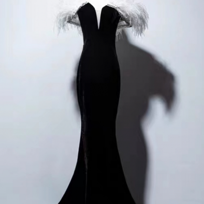 ,feather Velvet Fashion Dress,black Evening Dress,..