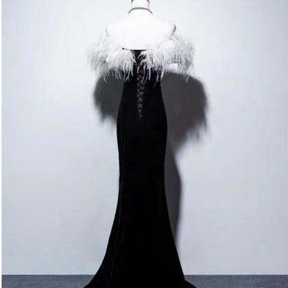 ,feather Velvet Fashion Dress,black Evening Dress,..