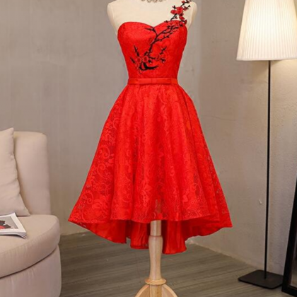 Red Lace One Shoulder High Low Party Dress, Cute..